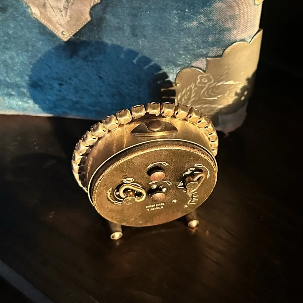 1900's Vintage Semca 7 Jewels Alarm Clock Swiss Yellow Gold Diamond Rhinestones - Picture 6 of 7